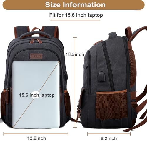 Mactso Canvas Travel Laptop Backpack for Men Women, Business Work Rucksack College School Computer Bag Fits 15.6 Inch Notebook,Bookbag with USB Charging Port (Black, 15.6 Inch) - Image 5