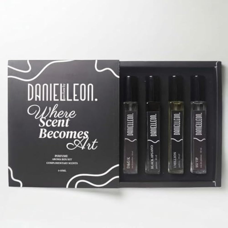 Daniel Leon Men’s Perfume Package Set | 4×10ml Inspired Fragrance Testers | 1 Million, 212 VIP, Black Afgano & D&G | Long-Lasting - Image 1
