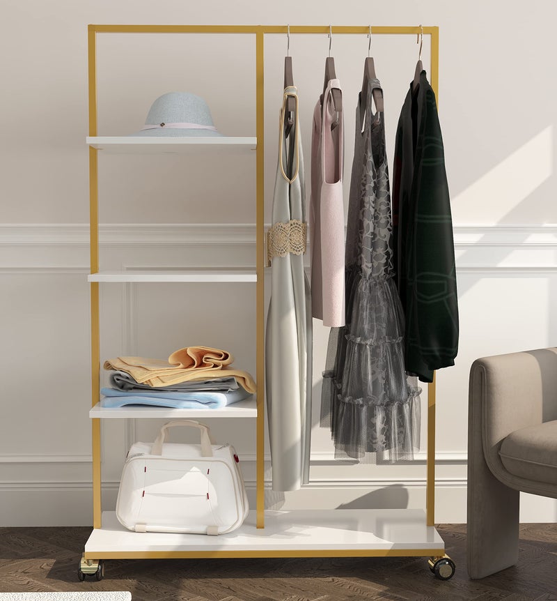 HOMEKAYT Gold Clothing Rack with Wooden Shelf for Boutique Retail Heavy Duty Hanging Rack 59L