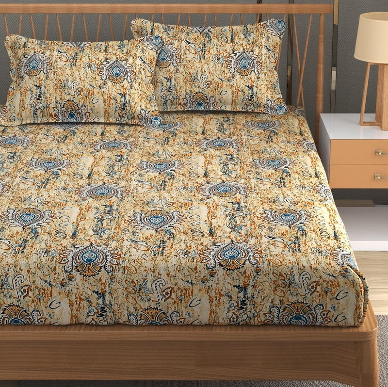 Furnofy Premium Tie & Dye Geometric Double Bedsheet Set – Mustard & Turquoise (90x100 Inches) with 2 Pillow Covers – Flat - Image 5