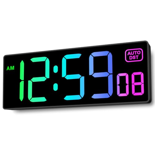 Soobest Large LED Digital Wall Clock 8 RGB Color Changing Display, Corded Plug in Electric Digital Clock with Seconds for Living Room Bedroom Desk Table Office, 5 Dimmers, Auto DST, 10 Inches - Image 1