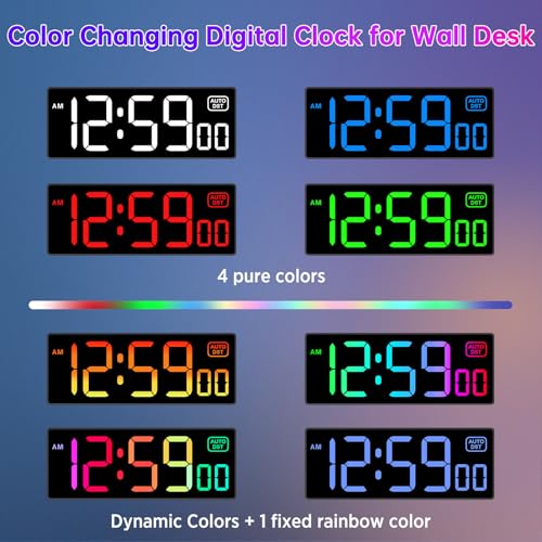 Soobest Large LED Digital Wall Clock 8 RGB Color Changing Display, Corded Plug in Electric Digital Clock with Seconds for Living Room Bedroom Desk Table Office, 5 Dimmers, Auto DST, 10 Inches - Image 2