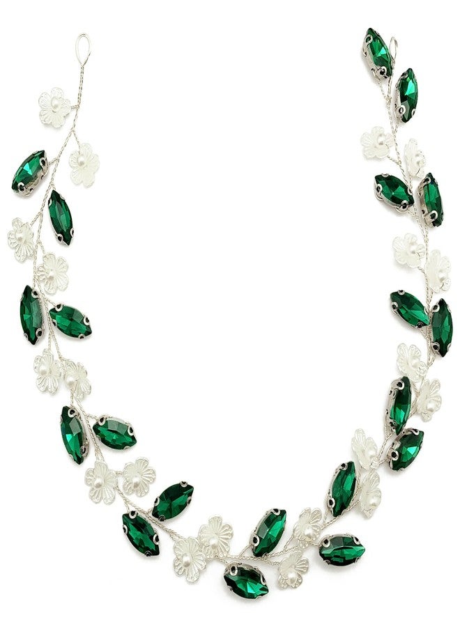 BETITETO Bridal Crystal Flower Headband Wedding Rhinestone Pearl Floral Hair Vine Headpiece Accessories for Women Girls (Green Crystal Silver Vine) - Image 1
