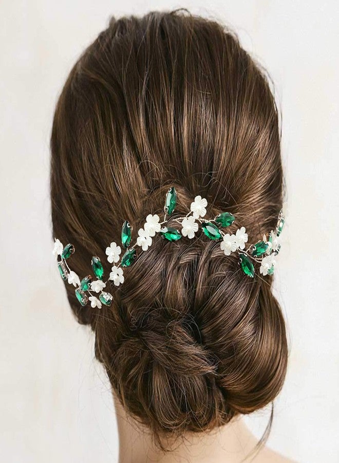 BETITETO Bridal Crystal Flower Headband Wedding Rhinestone Pearl Floral Hair Vine Headpiece Accessories for Women Girls (Green Crystal Silver Vine) - Image 3