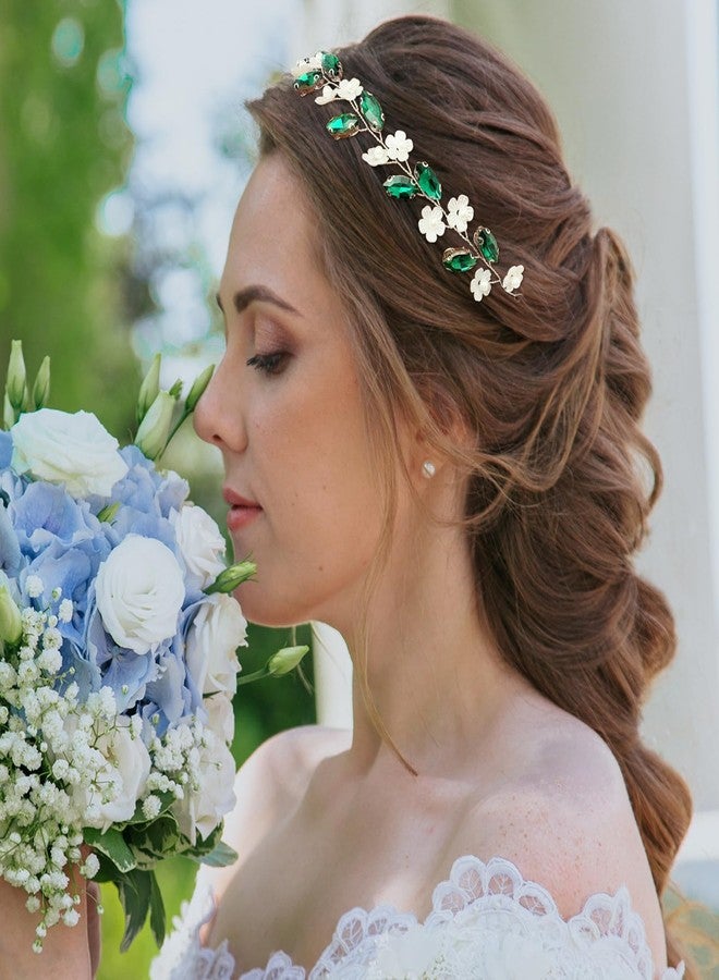 BETITETO Bridal Crystal Flower Headband Wedding Rhinestone Pearl Floral Hair Vine Headpiece Accessories for Women Girls (Green Crystal Silver Vine) - Image 2