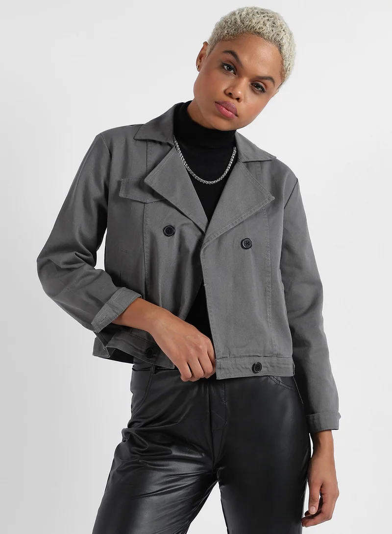 كامبوس سوترا Women's Moon Grey Double-Breasted Biker Jacket For Casual Wear | Lapel Collar | Long Cuffed Sleeves | Button Closure | Jacket Crafted With Comfort Fit For Everyday Wear