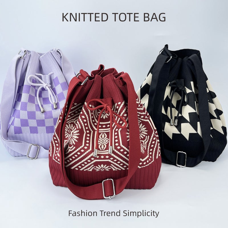 New Fashion Open Drawstring Knitted Shoulder Bag Women'S Korean-Style Convenient Commuting Large Capacity Bag Leisure Tote Bag - Image 2