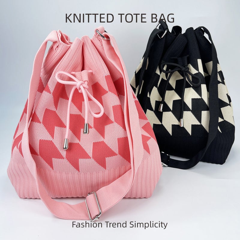 New Fashion Open Drawstring Knitted Shoulder Bag Women'S Korean-Style Convenient Commuting Large Capacity Bag Leisure Tote Bag - Image 3