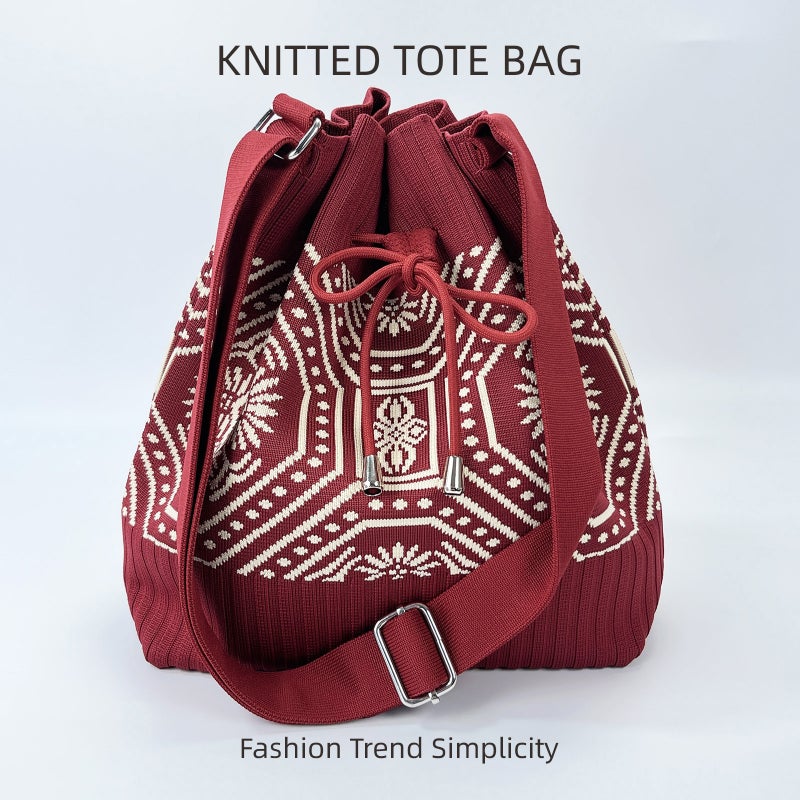 New Fashion Open Drawstring Knitted Shoulder Bag Women'S Korean-Style Convenient Commuting Large Capacity Bag Leisure Tote Bag - Image 1