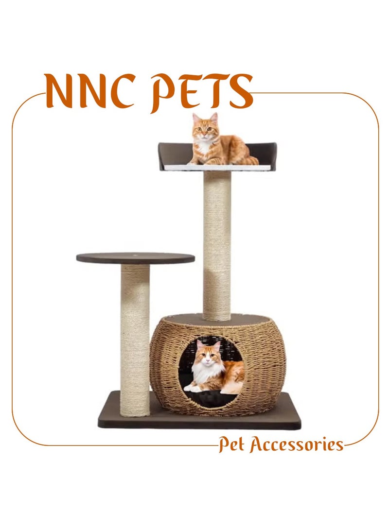 NNC PETS Multi-level cat tree activity center with Double perches, Natural sisal scratching post, and Durable rattan cat condo, Comfortable resting area for cats, Easy to assemble 86 cm (Chocolate) - Image 1
