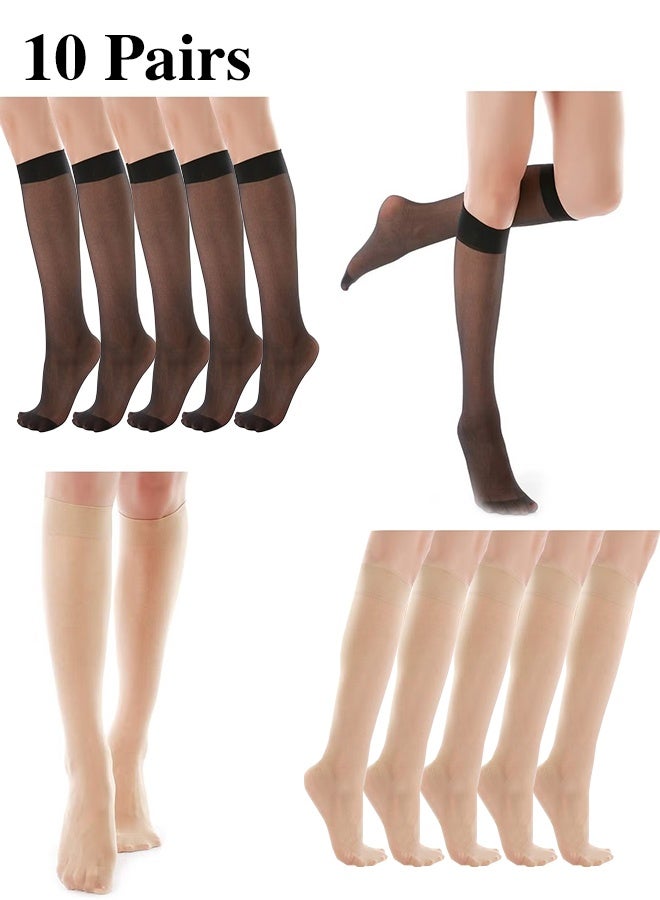 Stockings for Women, Sheer Knee High Reinforced Toe Knee Highs Pantyhose Socks Opaque Nude Tights Elastic Soft Women's Sheers for Women Girls, Black and Nude 10 Pairs - Image 1