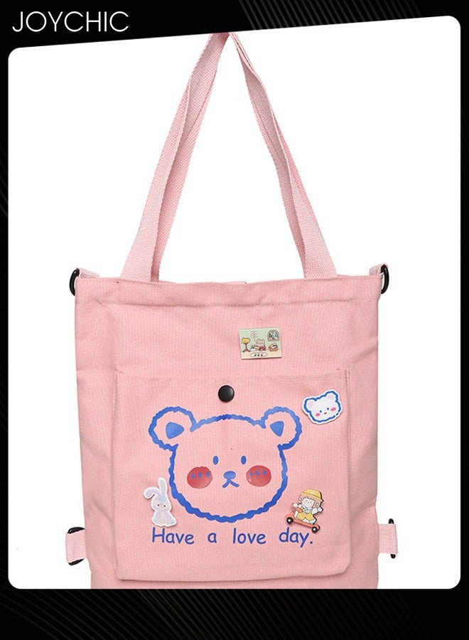Joychic Women Lovely Bear Printed Canvas Bag Large Capacity Casual Student Backpack Multifunction Tote Bag with Cartoon Pendant Pink - Image 5