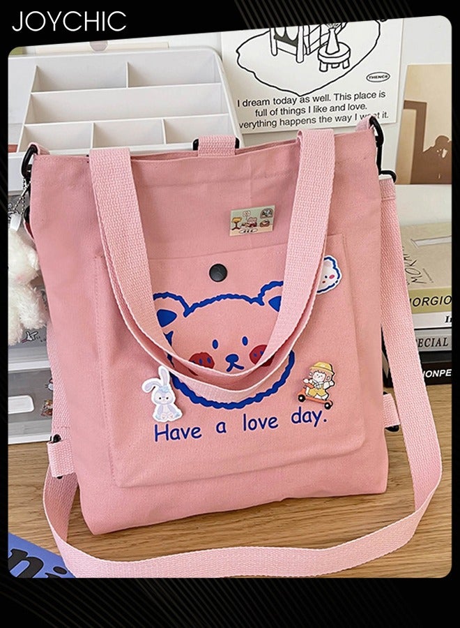 Joychic Women Lovely Bear Printed Canvas Bag Large Capacity Casual Student Backpack Multifunction Tote Bag with Cartoon Pendant Pink - Image 2