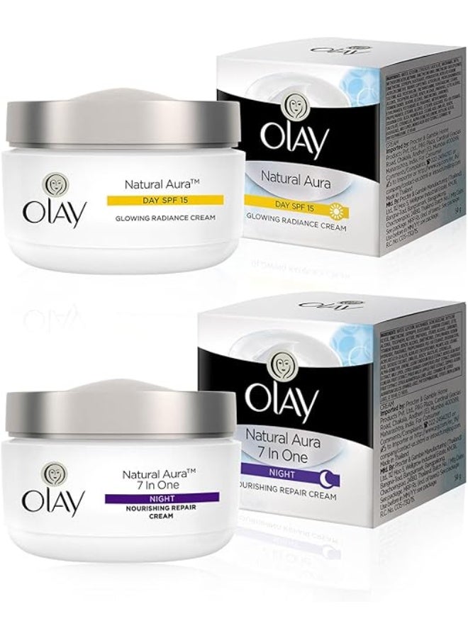 Olay natural Aura Day & Night Face Cream Combo-Day Cream With Spf 15 & Nourishing Repair Night Cream|Reveal Skins Natural Glow|Power Of Niacinamide|Dry,Combination,Oily Skin|Pack Of 2 ,50G - Image 1