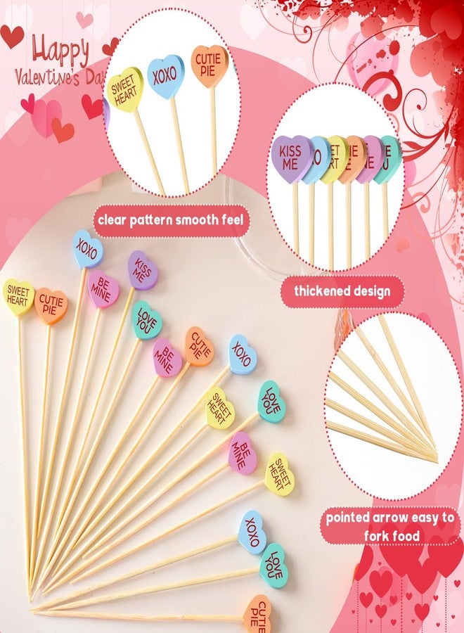 Maxcheck 600 Pcs Valentine's Day Cocktail Picks 4.7" Assorted conversation Hearts Bamboo Toothpicks Food Skewers for Appetizers Fruit Sticks for Party Decoration, 6 Styles(Colorful,Heart) - Image 3