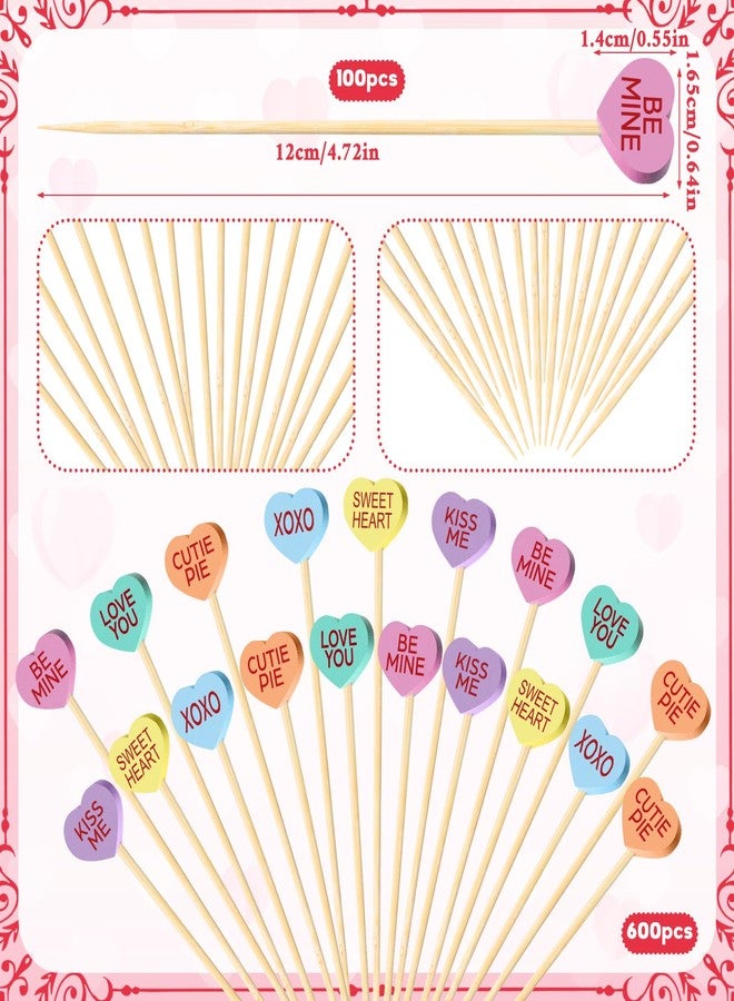 Maxcheck 600 Pcs Valentine's Day Cocktail Picks 4.7" Assorted conversation Hearts Bamboo Toothpicks Food Skewers for Appetizers Fruit Sticks for Party Decoration, 6 Styles(Colorful,Heart) - Image 2