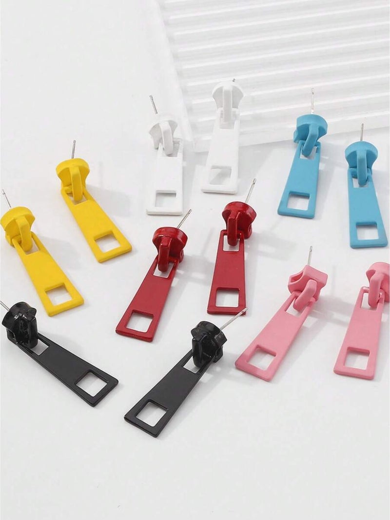 Shein 1 Pair Fashion Creative Zipper Lock Design Earrings, Minimalist Versatile Multi-Color Earrings - Size Red - Image 2