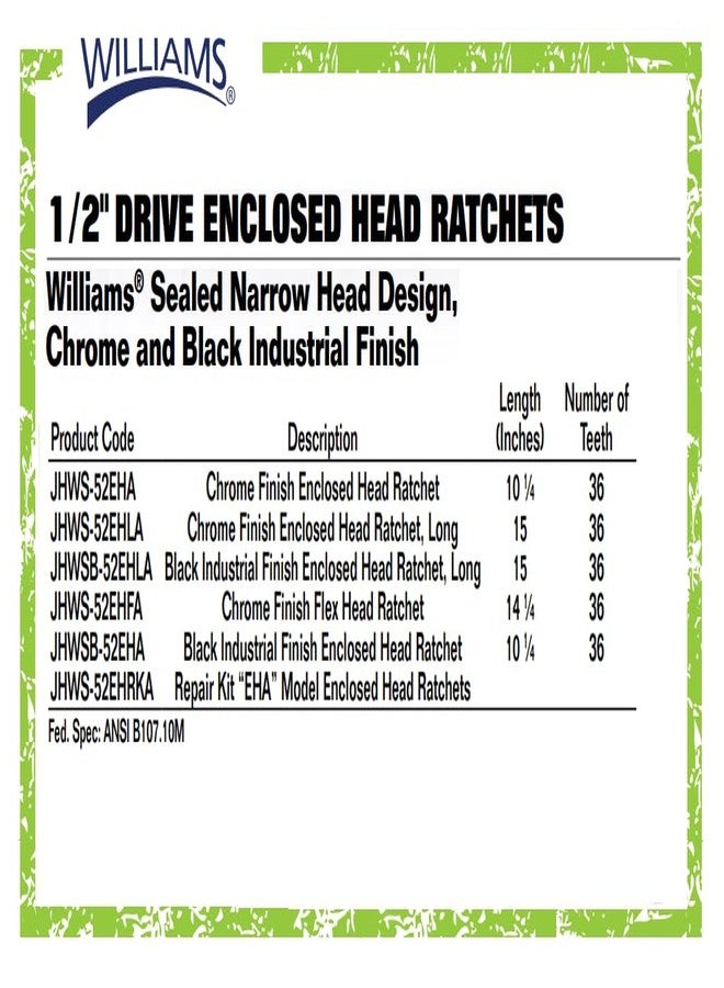 Williams JHWSB-52EHA 1/2-Inch Drive Enclosed Head Ratchet with Black Industrial Finish, Single Pawl Ratchet Design, 36 Tooth Gear Engagement - 10-1/4 Inches - Image 4