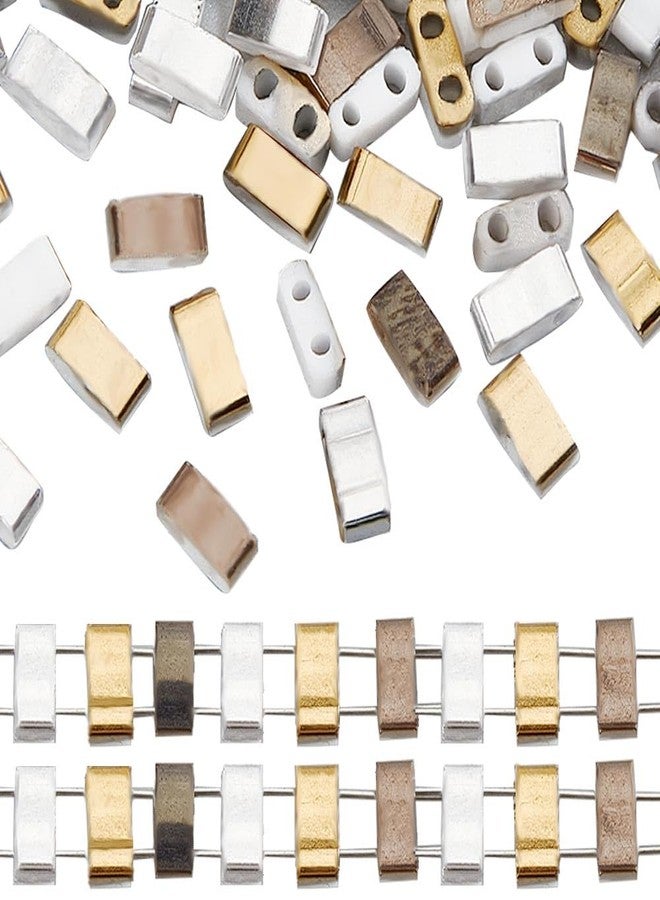 CREATCABIN 450Pcs 2 Hole Half Tila Beads 3 Colors Glass Beads Square Rectangle Mini Opaque with Plastic Container for Craft Bracelet Necklace Earring Jewelry Making(Silver Gold Brown) 5x2mm - Image 1