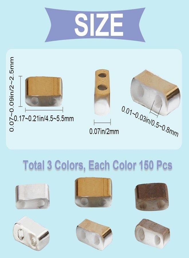 CREATCABIN 450Pcs 2 Hole Half Tila Beads 3 Colors Glass Beads Square Rectangle Mini Opaque with Plastic Container for Craft Bracelet Necklace Earring Jewelry Making(Silver Gold Brown) 5x2mm - Image 2