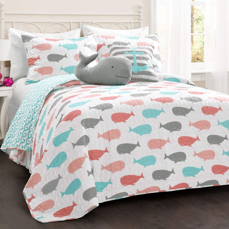 Lush Decor Lush Decor Whale Kids Reversible 4 Piece Quilt Bedding Set with Sham and Decorative Throw Pillows Twin Pink  Aqua 