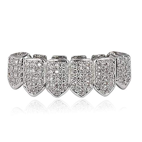 JINAO Bottom Grillz for Men Women Macro Pave Iced Out CZ Diamond 18K Gold Plated Grills for Your Teeth with Extra Molding Bars Included for Men Women (Silver bottom) - Image 1