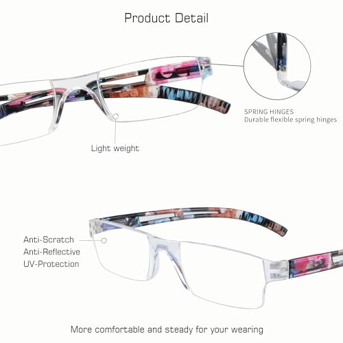 VisionGlobal 2 Pairs Reading Glasses, Blue Light Blocking Glasses, Computer Reading Glasses for Women and Men, Fashion Square Eyewear Frame (2blue floral,+1.50 Magnification) - Image 2