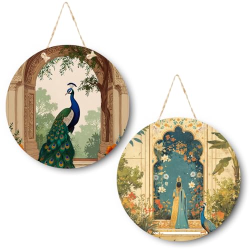 RADIQORE Decorative Pichwai Art Wooden Wall Hanging Decoration Items for Home | Bedroom | Mdf Designer Artwork for Living Room | Ideal Gift | Stylish Modern Decor Item for Hall (Set of 2) (Peacock 2) - Image 1