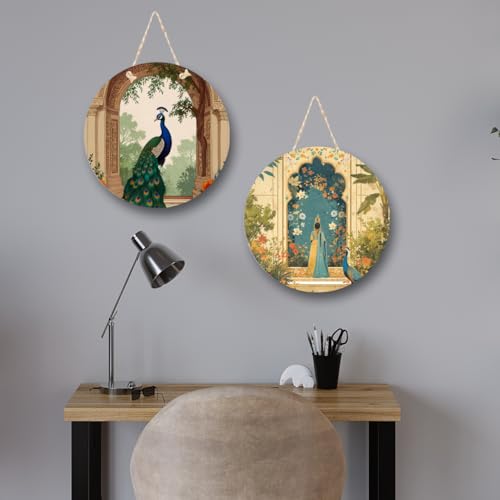 RADIQORE Decorative Pichwai Art Wooden Wall Hanging Decoration Items for Home | Bedroom | Mdf Designer Artwork for Living Room | Ideal Gift | Stylish Modern Decor Item for Hall (Set of 2) (Peacock 2) - Image 2