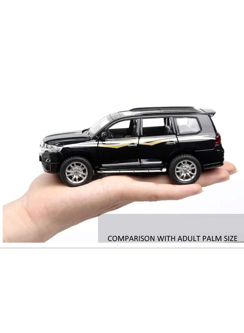 1:24 scale metal car Land Cruiser pull-back with light and sound features, with 4 opening doors in black color. - Image 4