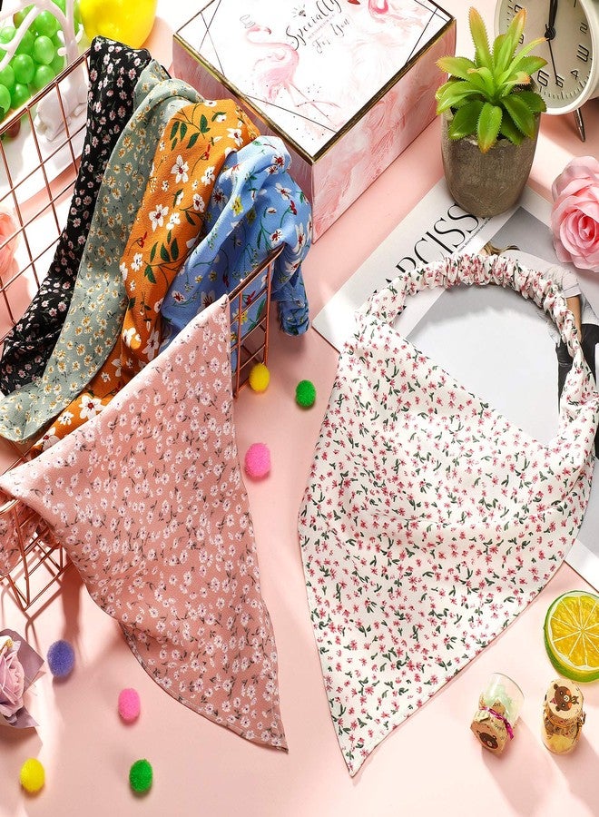 Chuangdi 6 Pieces Floral Elastic Hair Scarf Headband Chiffon Head Kerchief Floral Printed Turban Boho Headbands with Hair Clips Hair Bandanas Triangle Hair Scarf for Women Girls - Image 3