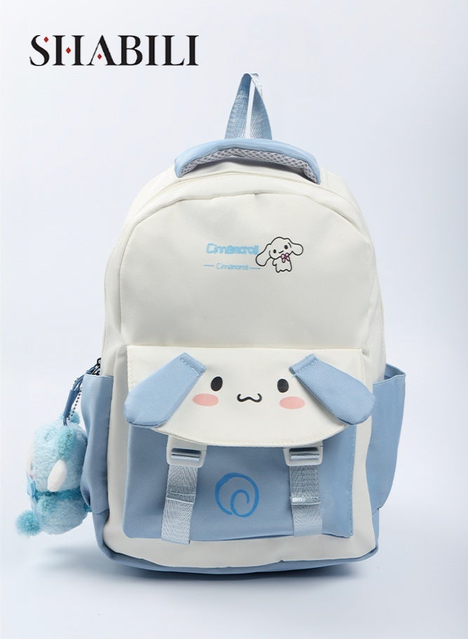 SHABILI Girls Nylon Large Capacity Multi Pocket Cute Backpack College School Bag for Daily Casual Travel, Students Cartoon Back Bag with Plush Pendant Lightweight Laptop Sleeve Youth Party Commute (Blue) - Image 1