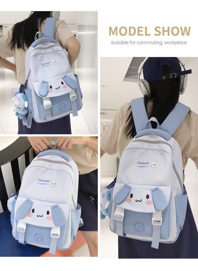 SHABILI Girls Nylon Large Capacity Multi Pocket Cute Backpack College School Bag for Daily Casual Travel, Students Cartoon Back Bag with Plush Pendant Lightweight Laptop Sleeve Youth Party Commute (Blue) - Image 4