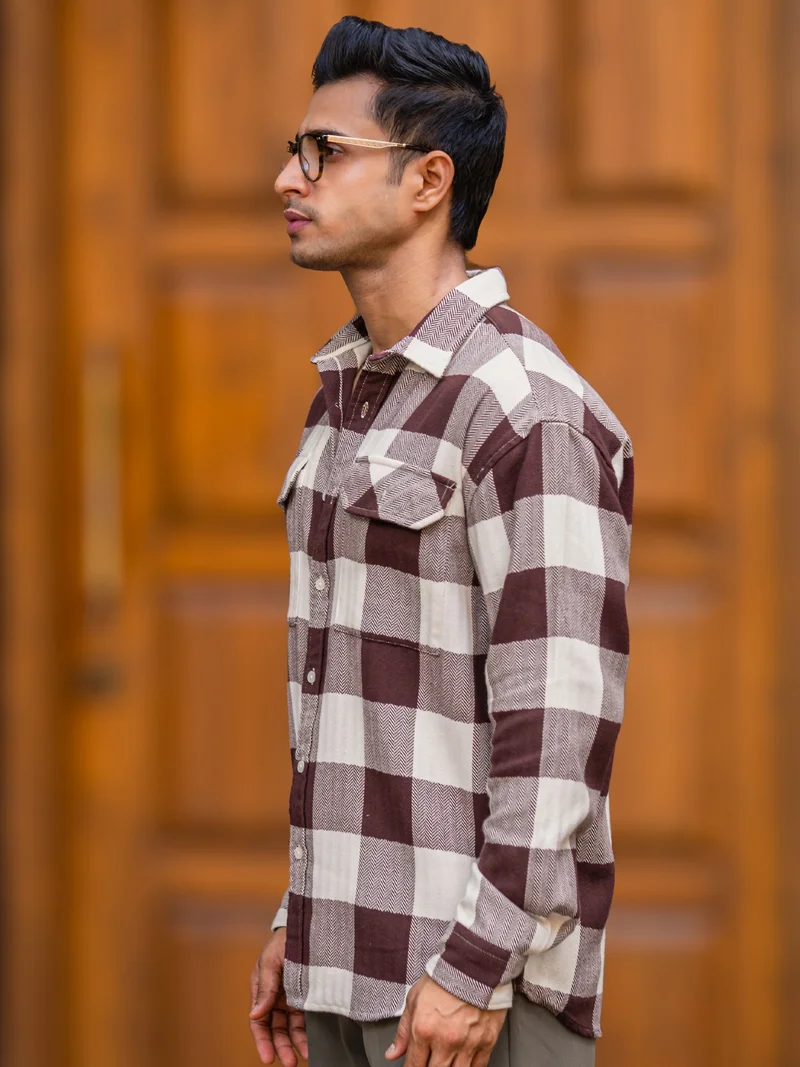 Maniac  Maniac Mens Herringbone Checks Full Sleeve Maroon Cotton Shirt for Men | Best Price UAE