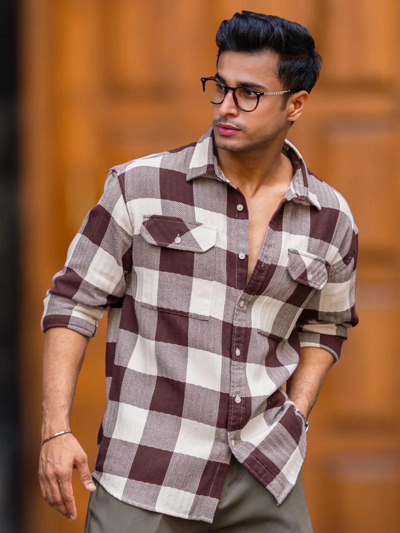 Maniac  Maniac Mens Herringbone Checks Full Sleeve Maroon Cotton Shirt for Men | Best Price UAE