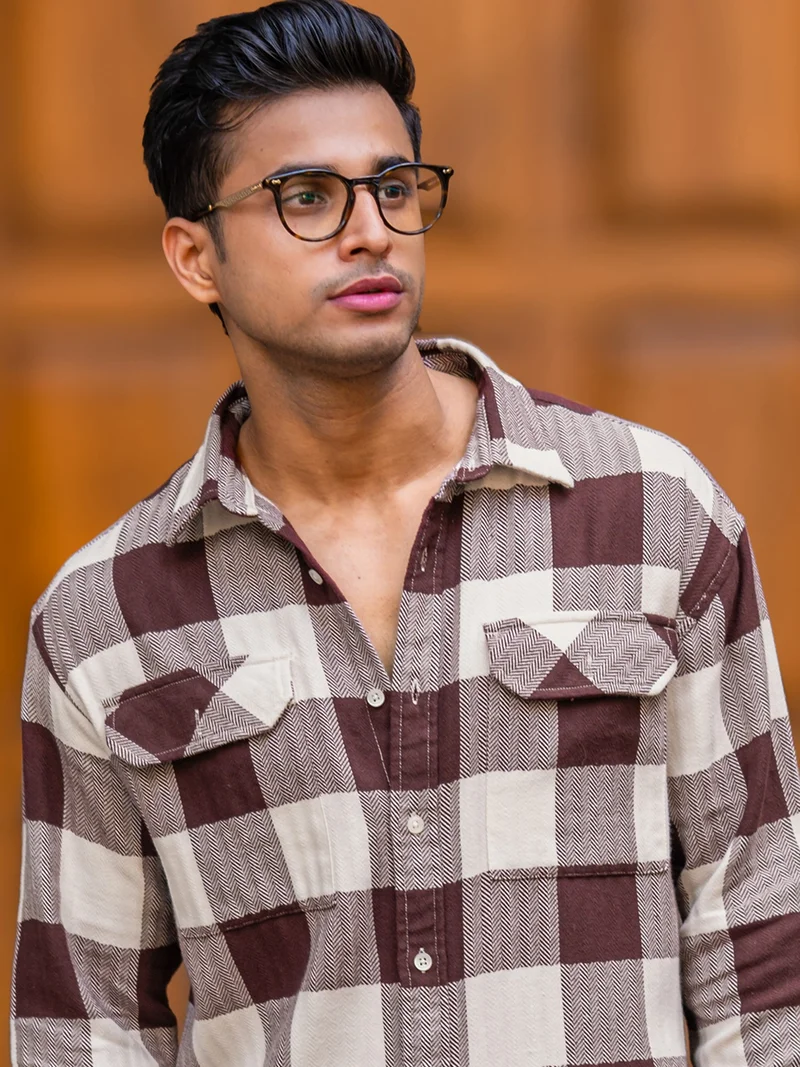 مانياك قميص رجالي قطني بأكمام كاملة كاروهات صوف كستنائي