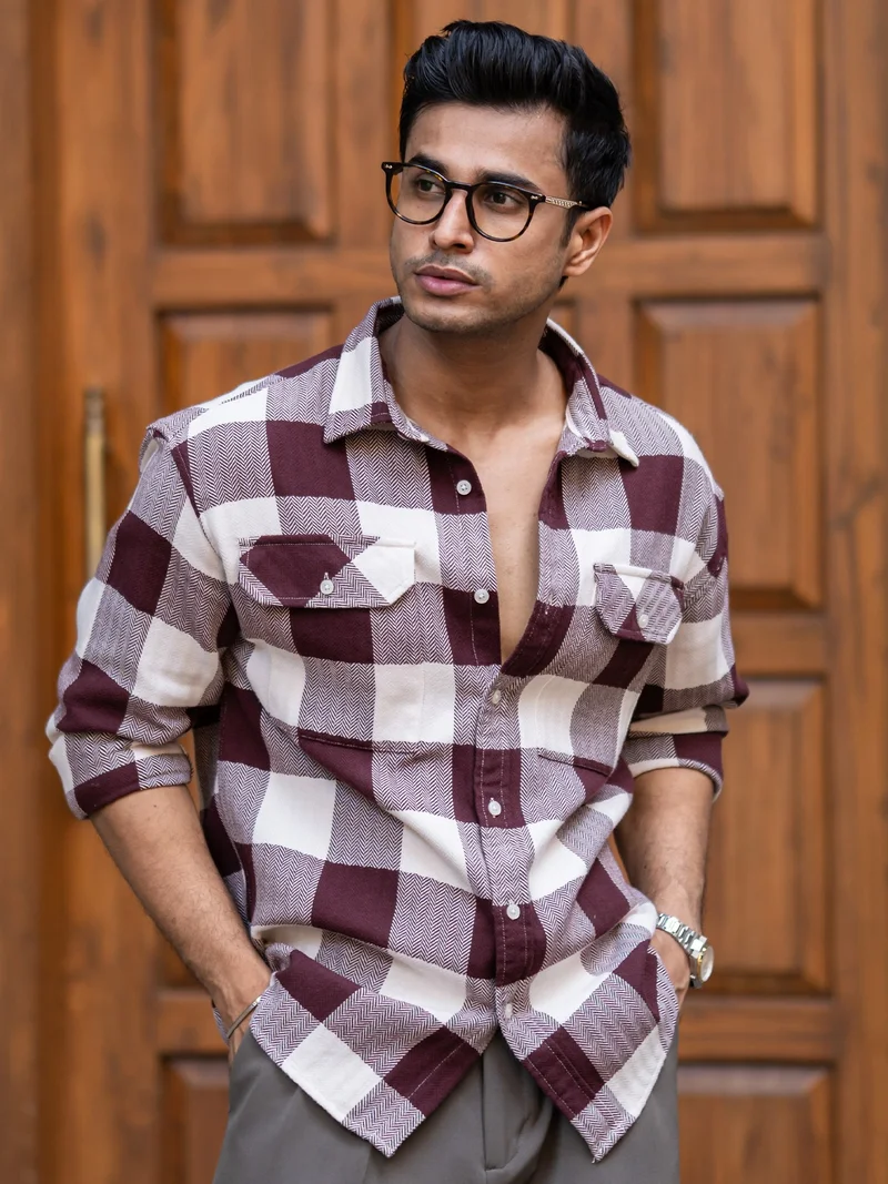 مانياك قميص رجالي قطني بأكمام كاملة كاروهات صوف كستنائي