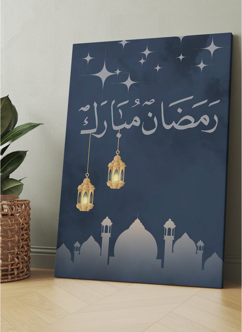 LOWHA Canvas Wall Art Stretched Over Wooden Frame for Ramadan with Ramdan Mubarak and Mosques Pattern  - Image 1