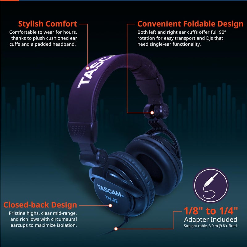 TASCAM TH-02 Professional Studio Monitor Headphones, Wired, Over Ear â€” for Recording, Podcast, DJ, Music and Guitar, with 1/4 Inch Jack Adapter - Image 3