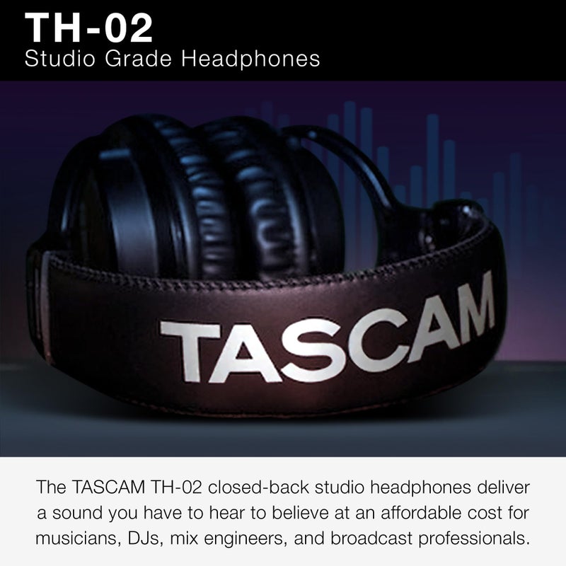 TASCAM TH-02 Professional Studio Monitor Headphones, Wired, Over Ear â€” for Recording, Podcast, DJ, Music and Guitar, with 1/4 Inch Jack Adapter - Image 2
