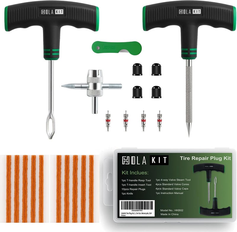 HolaKit Tire Plug Kit, 22PCS Compact Tire Repair Kit with Rubber Plugs, Upgrade T-Handle, 4-Way Valve Steam Tool, Flat Tire Puncture Repair Tools for Cars, Motorcycle, ATV, SUV - Image 1