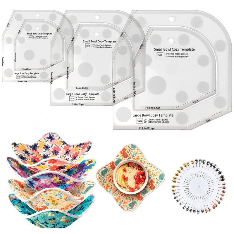 Fosdonge Bowl Cozy Template Cutting Ruler Set 3 Sizes, Acrylic Transparent Sewing Patterns Quilting Templates, Bowl Cozy Pattern Quilting Rulers for DIY Kitchen Art Craft - Image 1