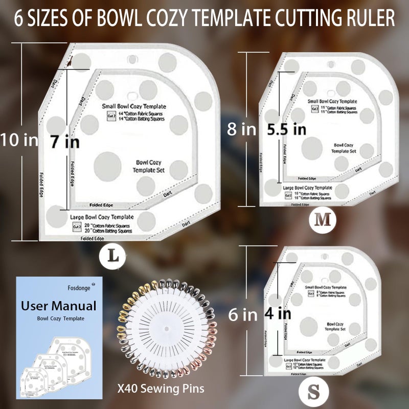 Fosdonge Bowl Cozy Template Cutting Ruler Set 3 Sizes, Acrylic Transparent Sewing Patterns Quilting Templates, Bowl Cozy Pattern Quilting Rulers for DIY Kitchen Art Craft - Image 4