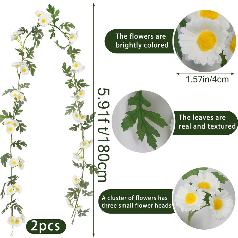 GhuaH 2 Pcs Wildflower Garland Spring Flowers Garland 12 FT White Artificial Daisy Flowers and Leaves Faux Floral Vine for Mantle Baby Shower Wedding Arch Porch Staircase Summer Decor - Image 2