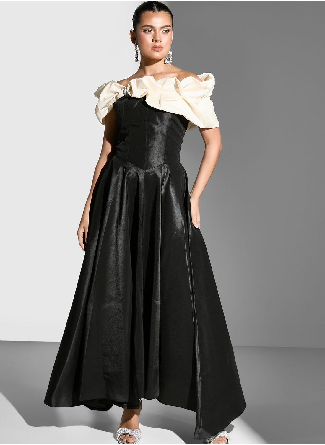 Buy Namshi x White Ruffled Bardot A line Gown for Women in Oman