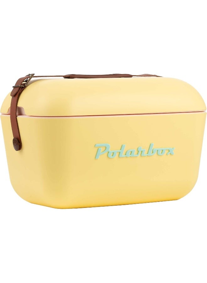 Polarbox 20L Classic Cooler Box with Leather Strap, Yellow & Cyan | Rigid Thermal Insulated Ice Box for Beach, Picnic & Party | Convertible Lid & Polypropylene Insulation - Image 1