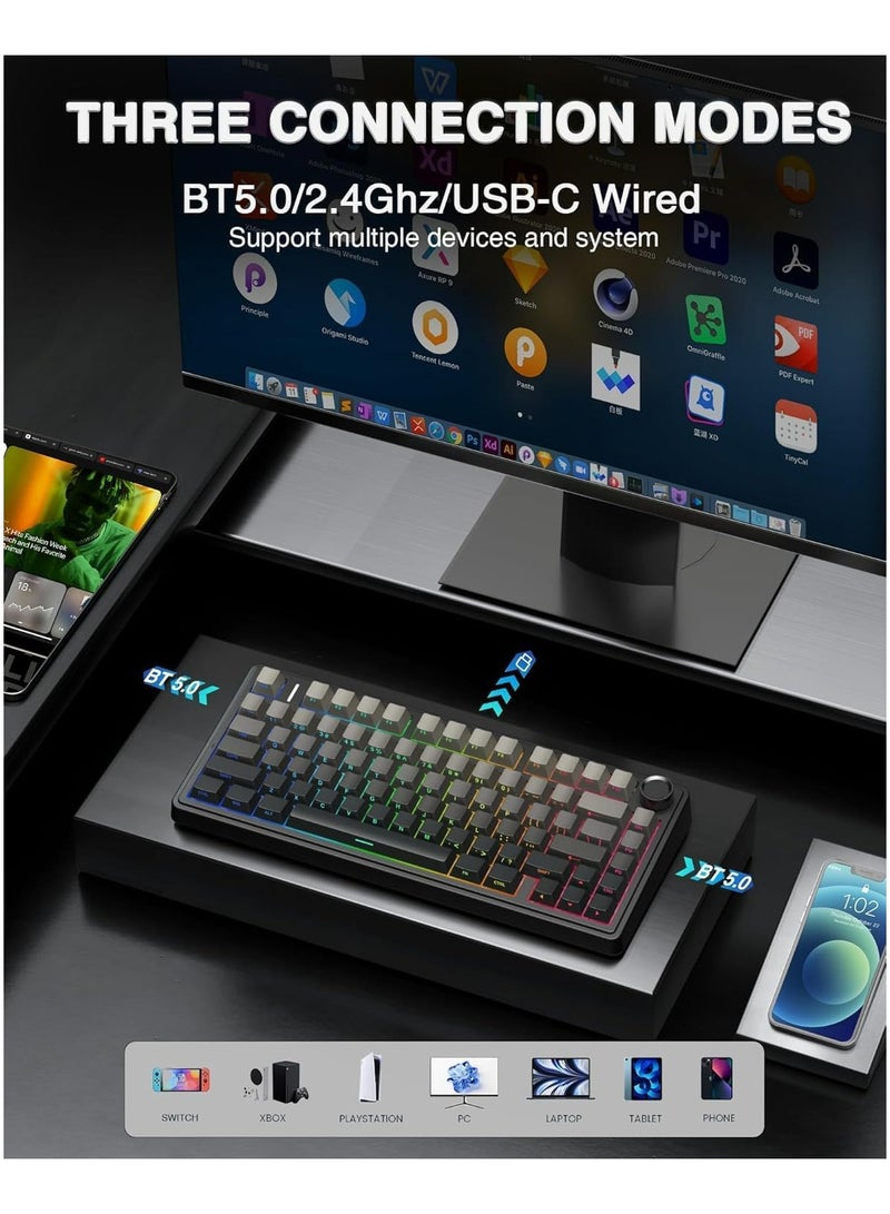 أولا لوحة مفاتيح ميكانيكية لاسلكية AULA F75 Pro، 75% قابلة للتبديل الساخن، لوحة مفاتيح مخصصة، إضاءة خلفية RGB، مفاتيح Reaper مدهونة مسبقًا، مفاتيح PBT مطبوعة من الجانب، لوحة مفاتيح ألعاب ميكانيكية بتقنية 2.4GHz/USB-C/BT5.0 - Image 3