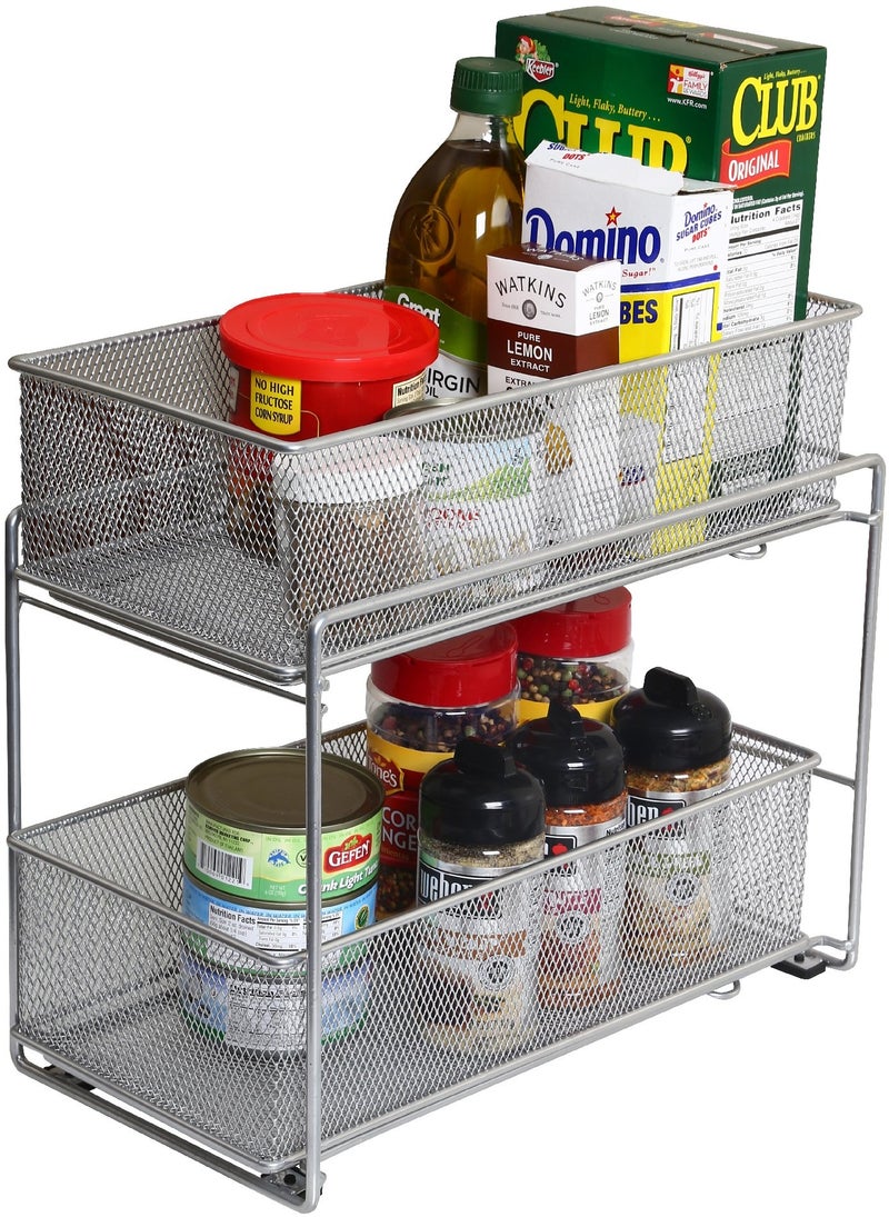 YBM HOME YBM Home Silver 2 Tier Mesh Sliding Spice and Sauces Basket Cabinet Organizer Drawer 2304 