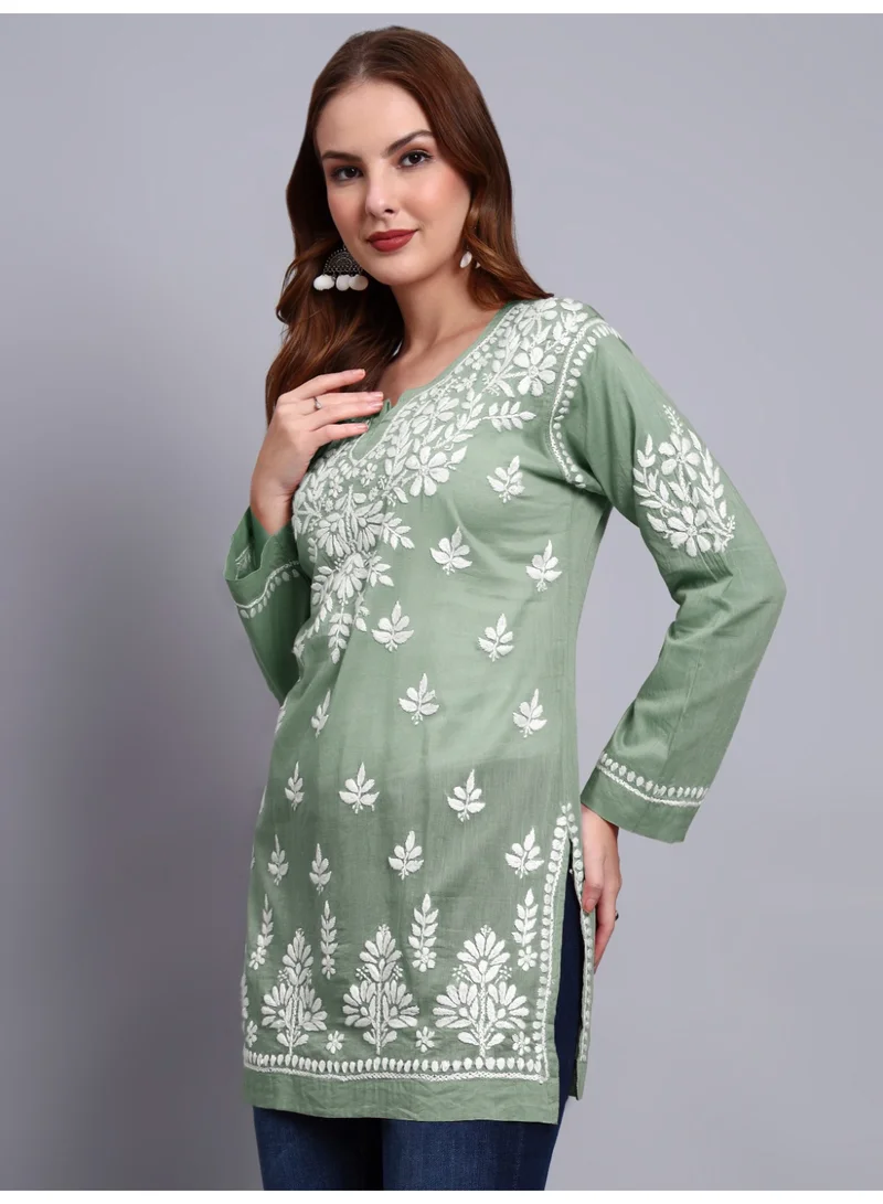 Alaya Women Hand Embroidered Chikankari Cotton Short Top -AL3724