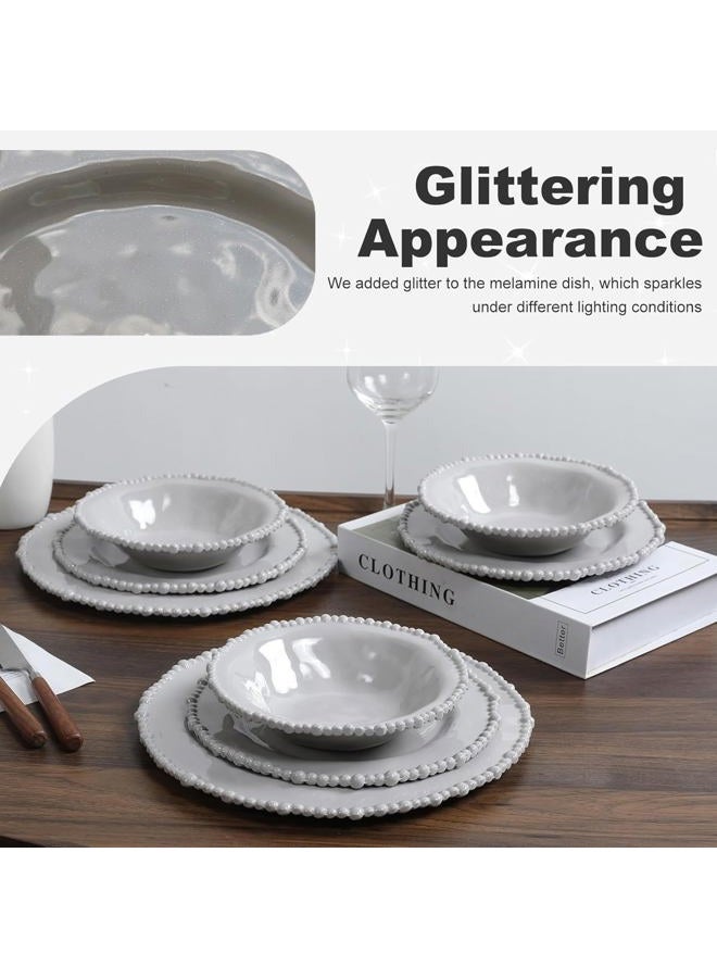 Lechoo Grey Pearl Melamine Dinnerware Set, 12-Piece Plastic Dinner Dishes Set, Service for 4 Unbreakable Kitchen Plates and Bowls Set - Image 4